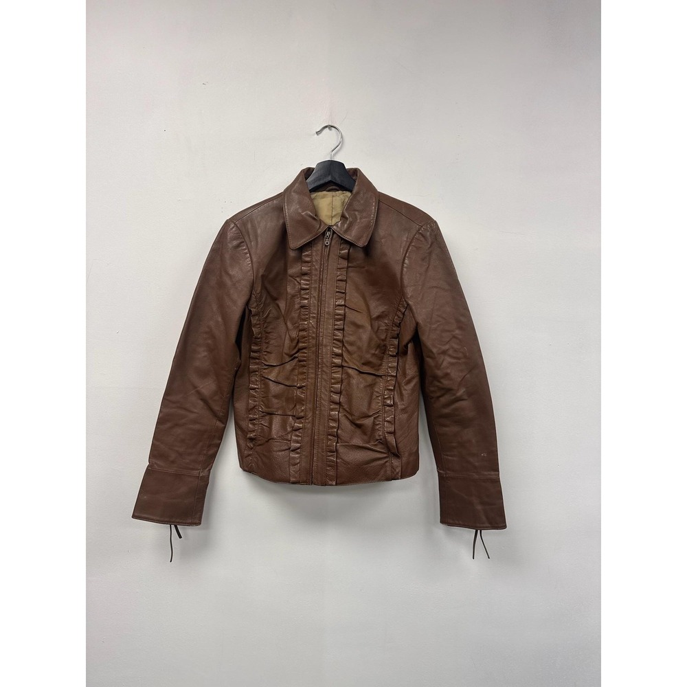 Spiegel Jacket Womens 10 Brown Faux Leather Ruched Ruffle Zip Lace Cuffs Lined
